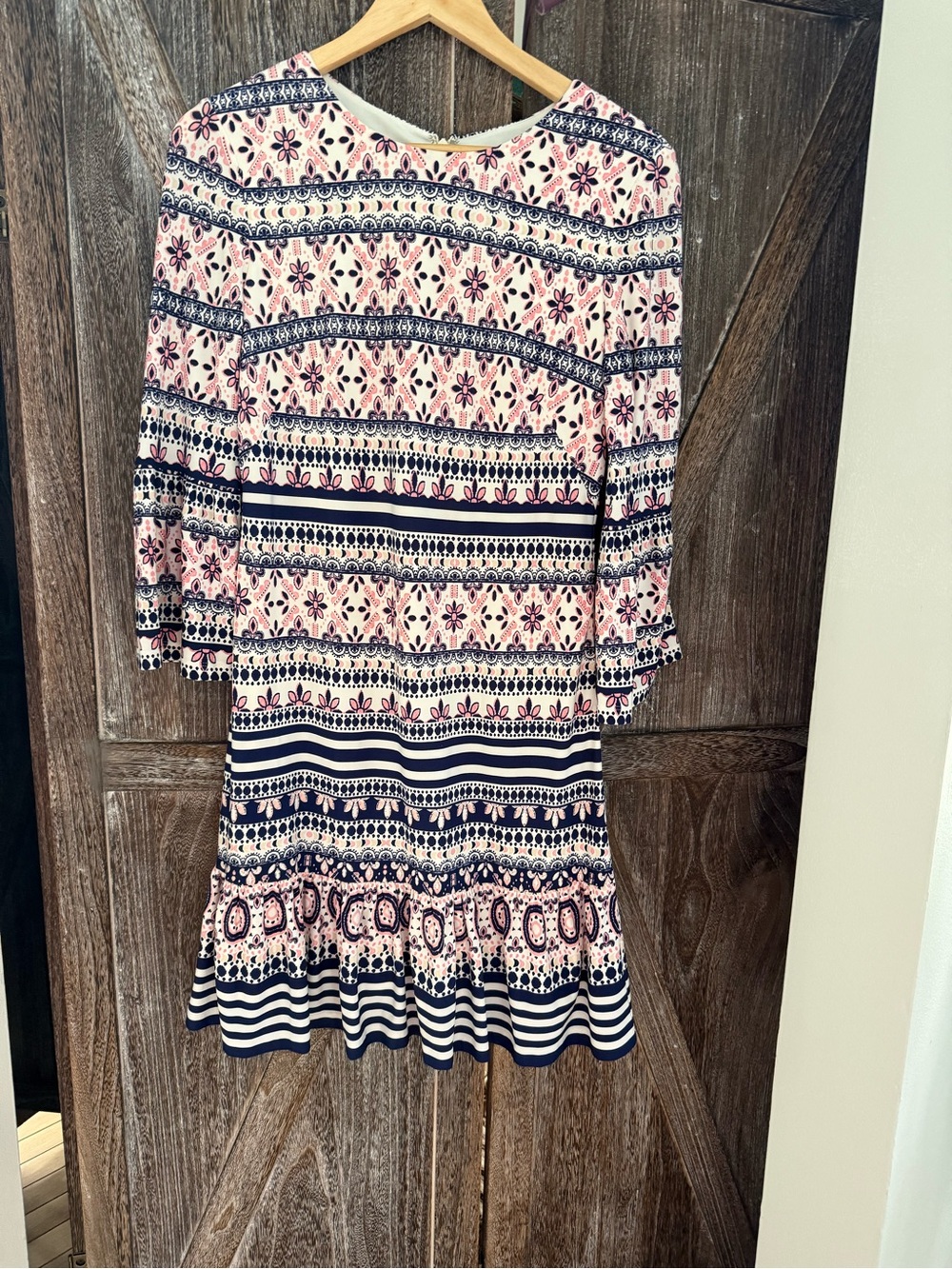 Eliza J Pink Navy Geometric Shift Dress Ruffle Bell Sleeve  4